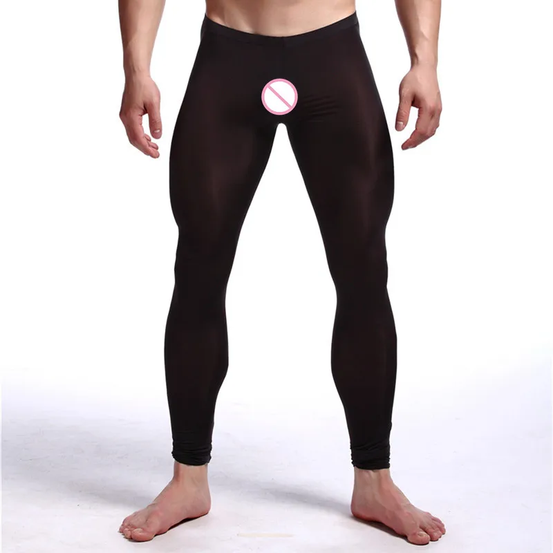 Sexy Men See-through Pants silky Tights Milk Fiber Leggings Trousers Long Johns Underwear U Convex Pocket Mens Wrestling Singlet