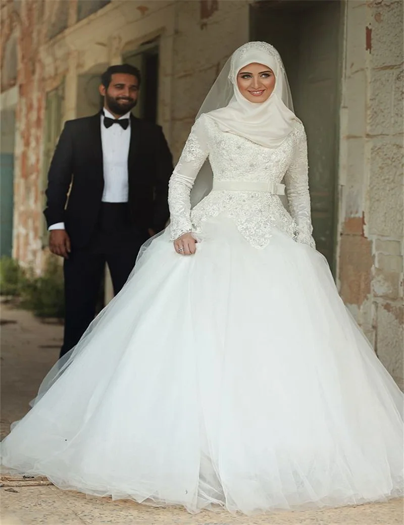 Musulmán Dubai árabe manga larga Weddin 2016 vestidos boda elegante una