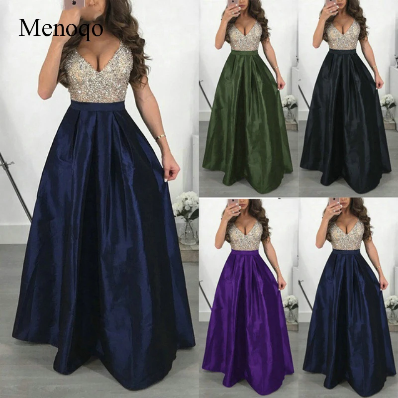 

Fashion Black Long Evening Dresses 2019 Sexy Green Evening Gowns V-Neck Satin Sequin A-Line Floor-Length Cheap Women Party Dress