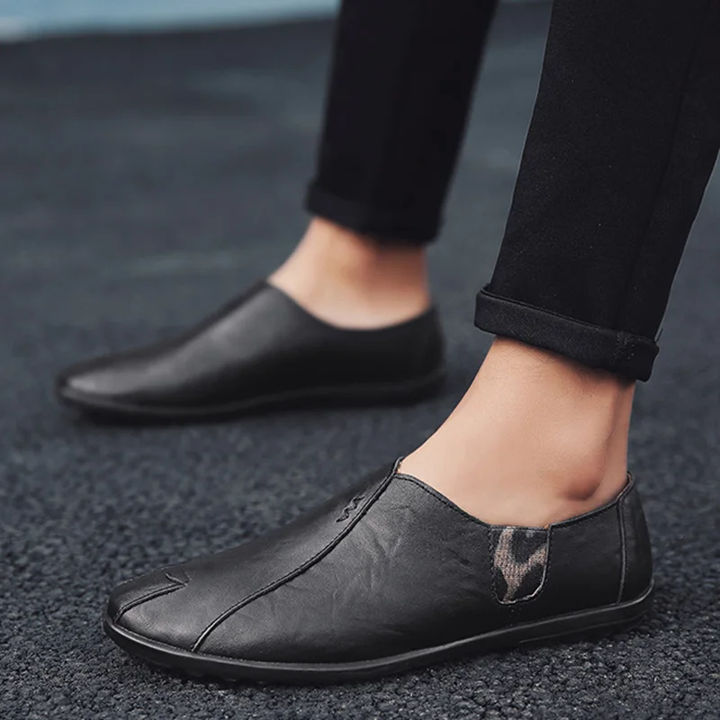 

Genuine Leather Men Shoes 2019 Fashion Loafers Men Casual Shoes Soft Slip on Cow leather Male Shoes Black Yellow A1113