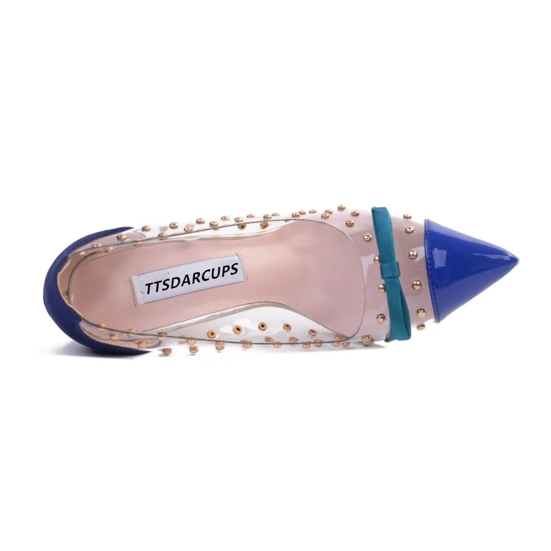 2018 new crystal heel Super heel shoes sexy Nightclub Rivet shoes Fine with a pointed toe Large code transparent pump