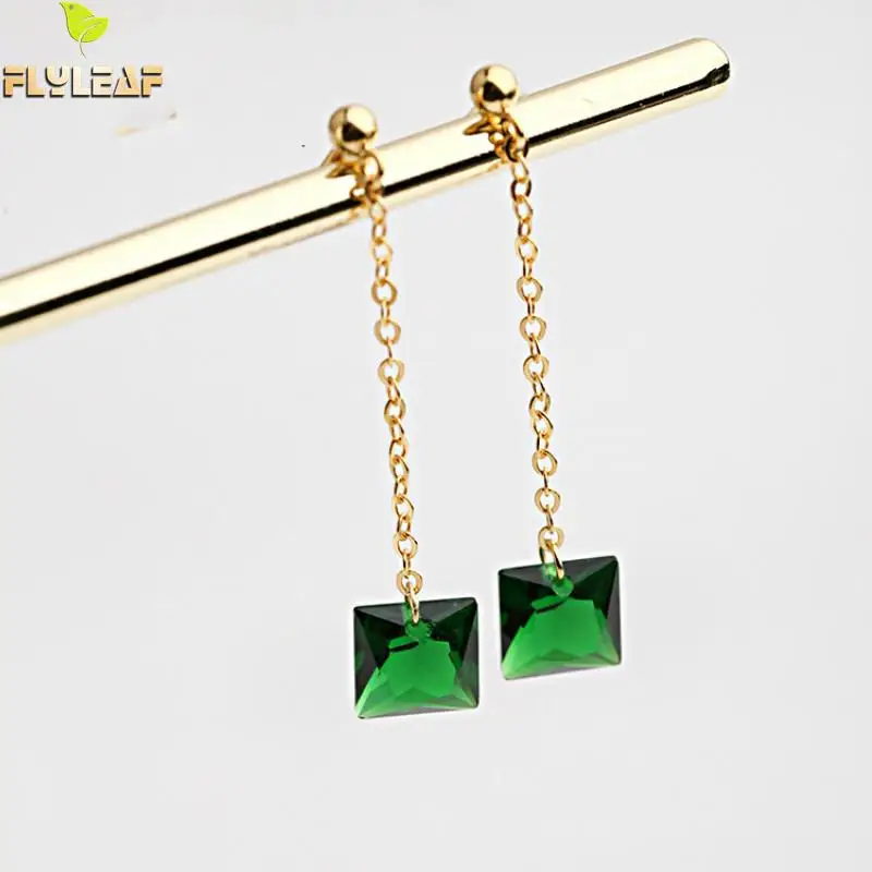 

Flyleaf 100% 925 Sterling Silver Green Square Cubic Zirconia Drop Earrings For Women Simple Fashion Party Jewelry