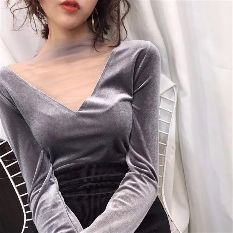 gray blouses Neploe, сексуальная женская блузка, сетчатые топы размера плюс, для девушек, одноцветные, полые топы, Feminina, v-образный вырез, для офиса, женские блузки, женские рубашки 37810 - Цвет: gray blouses