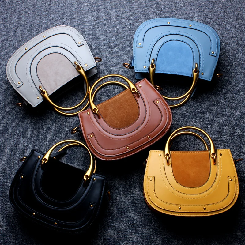 Moxi Wristlets Saddle Bag Womens Vintage Genuine Leather Ring Handbags Metal Handle Hand Bags Womens Messenger Bags Cowskin
