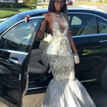 Сексуальная Холтер спинки блеск блесток серебряные платье для выпускного с подолом в виде русалочьего хвоста черный обувь для девочек длинные выпускное платье Кристалл Африканский