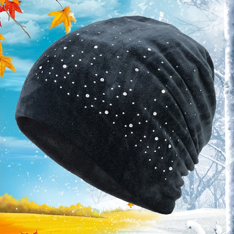 New Fashion Decorative Beanies Hat Velvet Winter Ladies Hat Woman Warm Skullies Soft Cap Slouchy Female Rhinestone