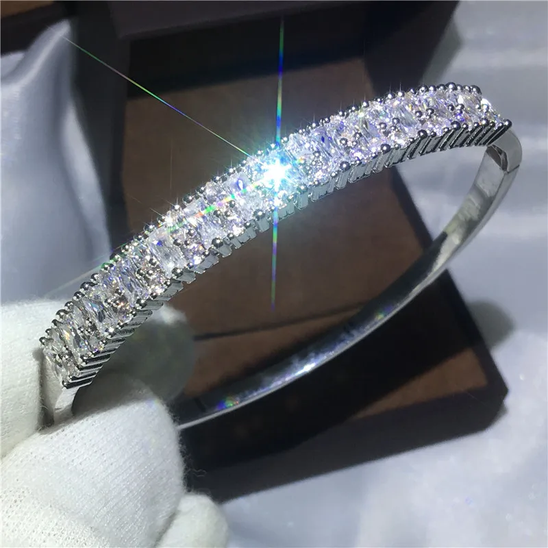 

2017 Fashion Baguette Cuff Bridal bracelet AAAAA Zircon Cz White Gold Filled Engagement Bangle for women wedding accessaries