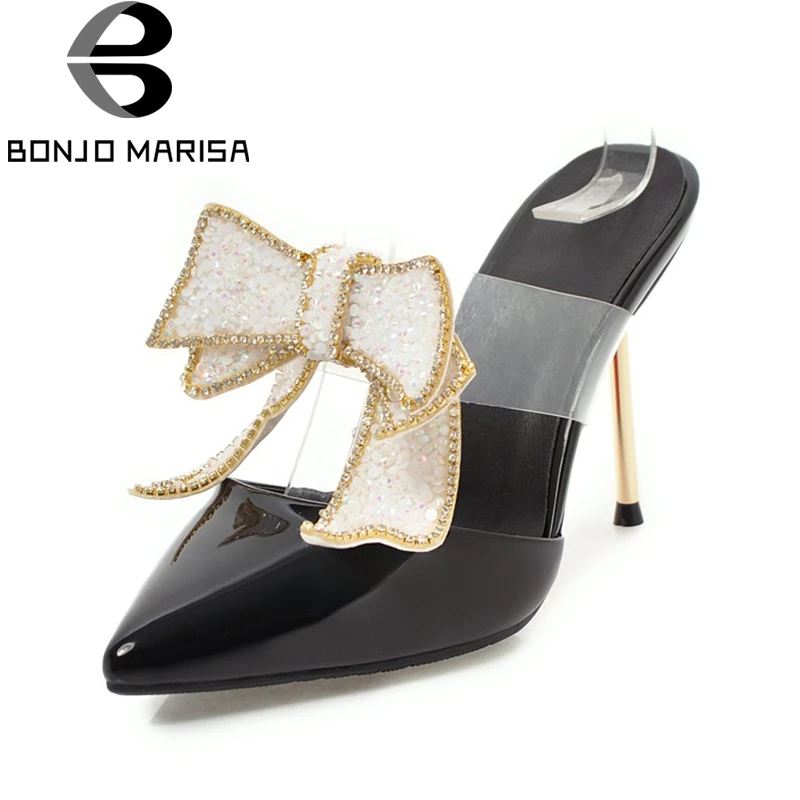 

BONJOMARISA 2018 Cow Leather Bowtie Slip On Plus Size 32-43 Thin High Heels Women Pumps Pointed Toe Mules Pumps Shoes