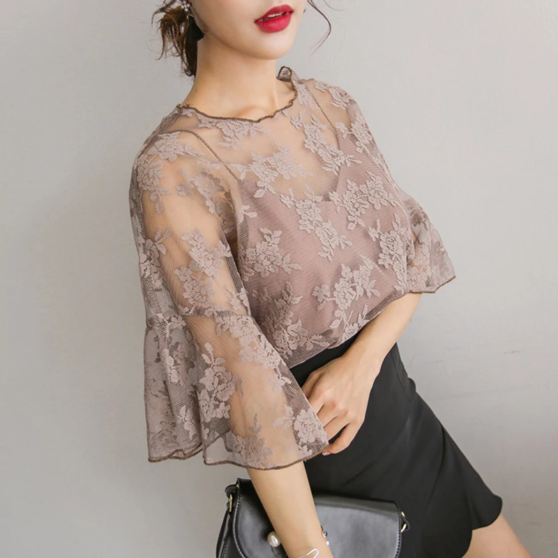 

New Hot fashion Women O-Neck Tops wild small tape embroidered chiffon blouse Crochet lace Two-piece Trumpet sleeves