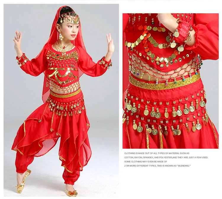 5 шт. Детский костюм для танца живота с длинным рукавом, костюмы для танца живота для девочек, Детский костюм для танца живота для девочек, индийский комплект танцевальной одежды Болливуда