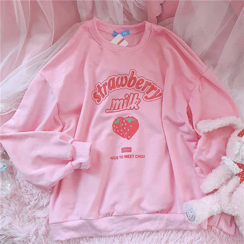 Harajuku Kawaii Strawberry Milk Hoodie Sweatshirt Tops Women Kpop Lolita Style Strawberry Sweatshir