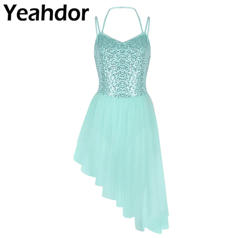 

Women Adult Spaghetti Straps Sleeveless Halter Neck Sequins Irregular Tulle Ballet Dance Gymnastics Leotard Dress Tulle Skirt