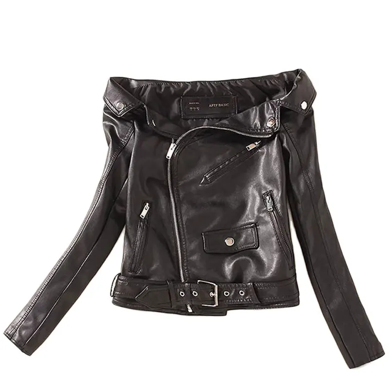 

Lusumily Off Shoulder Moto Biker Shor Jacket Lady Slim Sexy Pu Faux Leather Jackets Women Jaqueta Couro Rock Cuir Femme Casaco