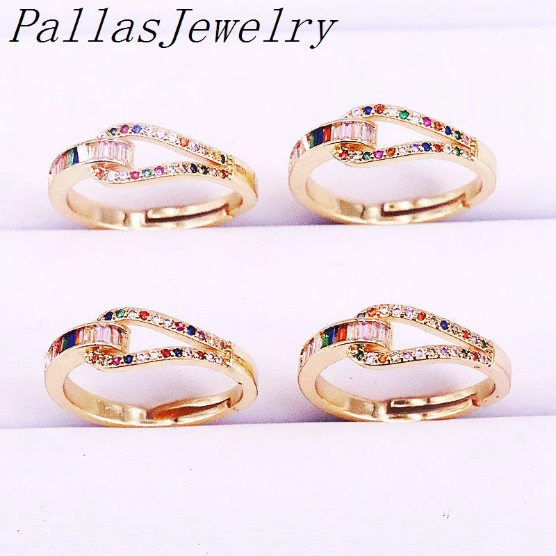 

10Pcs New Trendy Sparking Bling Cubic Zirconia Gold Color Rainbow Adjustable Ring For Girls Jewellery Rings