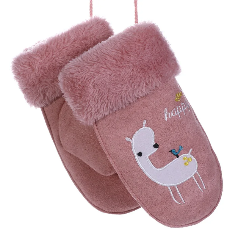 Детский милый медведь из мультфильма, замшевые кожаные перчатки-митенки для мальчиков и девочек, зимние плюшевые толстые теплые спортивные перчатки с принтом овец, 102AB - Цвет: B Pink