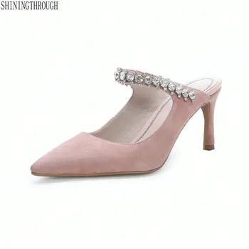 

Women Summer Mules Slippers High Heels Ladies crystal Pointed Toe summer Style Outside Shoes For Girls