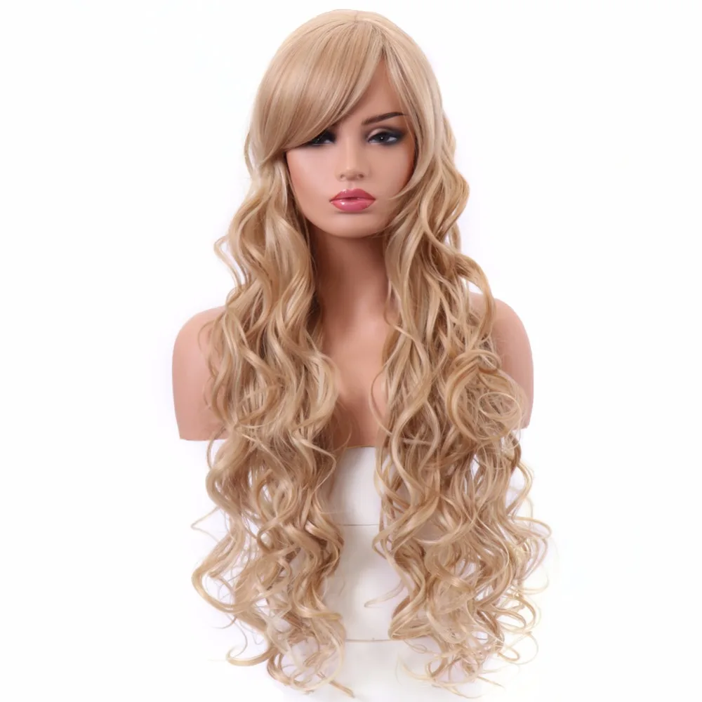

BESTUNG 28 Inch Long Curly Wigs Body Wavy Brown mix Blonde Ombre with Side Bangs Synthetic Hair Wig Cosplay Costume Full Wig