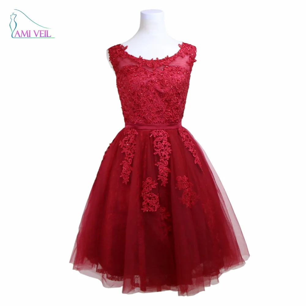 Dark Red Dress for Graduation Bead Lace Gown Prom Dresses Short