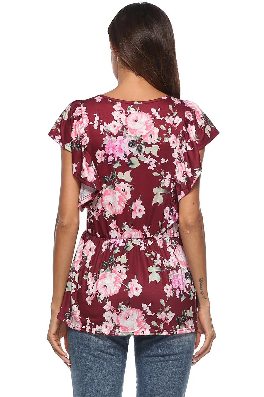 Gladiolus 2018 Floral Print Women T-Shirts O-Neck Butterfly Sleeve Blue Red Slim T Shirt Women Summer Casual Ruffled Ladies Tops (15)