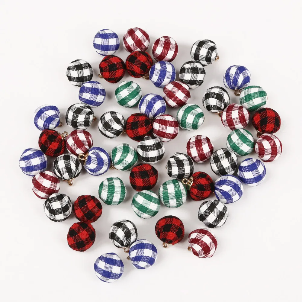 

Fashion Design 10Pcs 13mm Plaid Fabric Covered Beads Charms Round Ball Pendant For DIY Earring Bracelet Necklace Making
