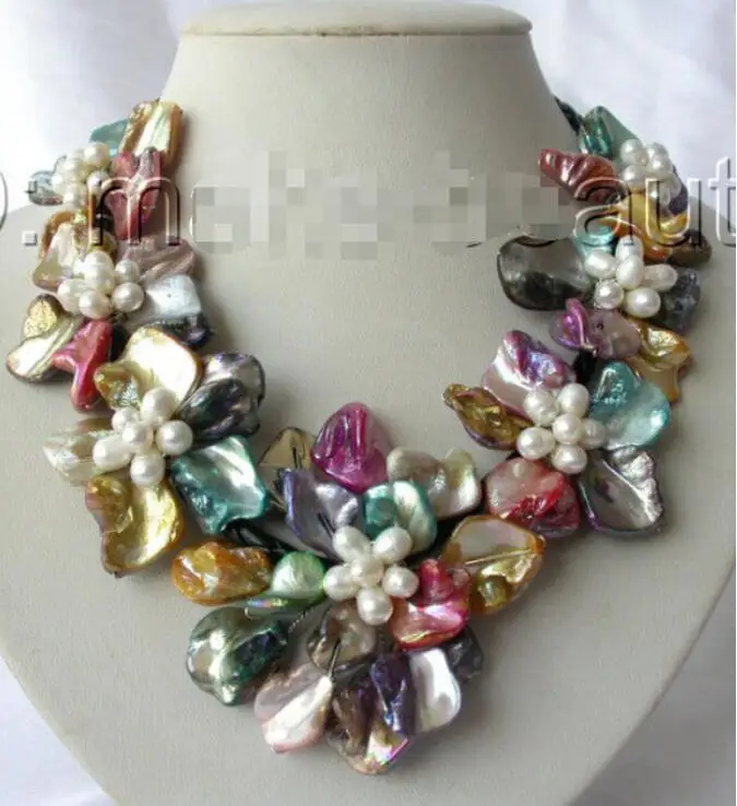 

classic white baroque pearl multicolor shell flower leather necklace