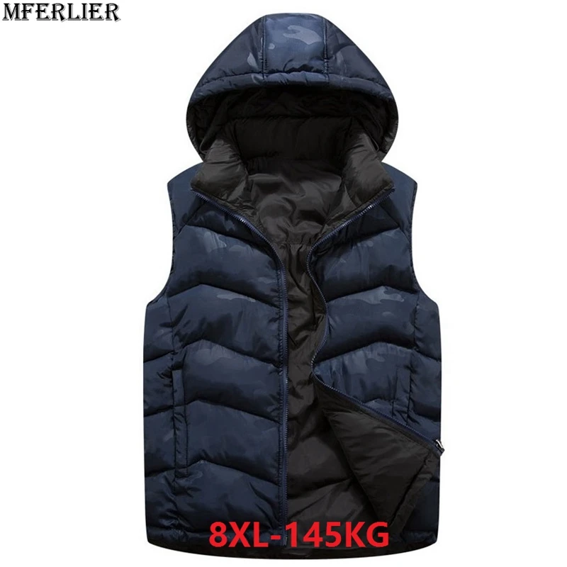 MFERLIER, мужской жилет с капюшоном, большой размер, 7XL, 8XL, 9XL, толстый, теплый, темно-синий, с хлопковой подкладкой, Осень-зима, жилет, камуфляжный жилет