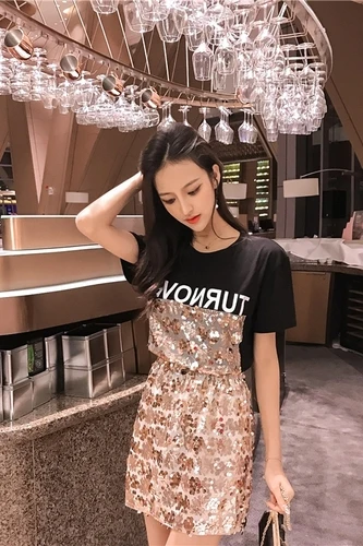 O-neck Short Sleeve Sequin Top And Mini Skirt Set Woman Printed Letters Sets Skirts Korean High Waist Suit Femininas Summer