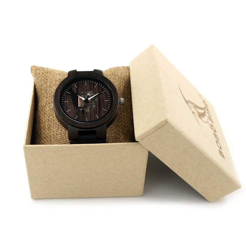 BOBO BIRD V-H30 Mens Wooden Watch Doodle Paint Dial Exposed Movement Quartz Wristwatch with Leather Strap reloj de los hombres