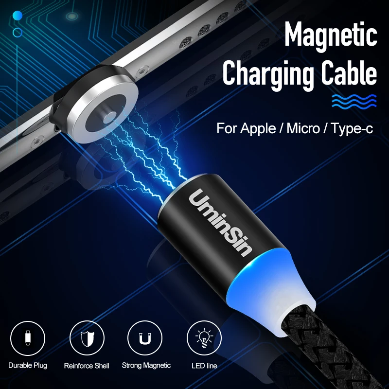 

uminsin Quick Charger LED Magnetic Micro USB Cable & 8 Pin & Type C Cable for iPhone XS MAX XR 8 7 6 Samsung 1M micro usb cord
