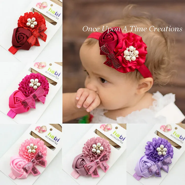 Baby Headband Handmade Flower DIY Toddler Infant Kids Hair Accessories Girl Newborn Floral pearl crystal Turban Elastic bow