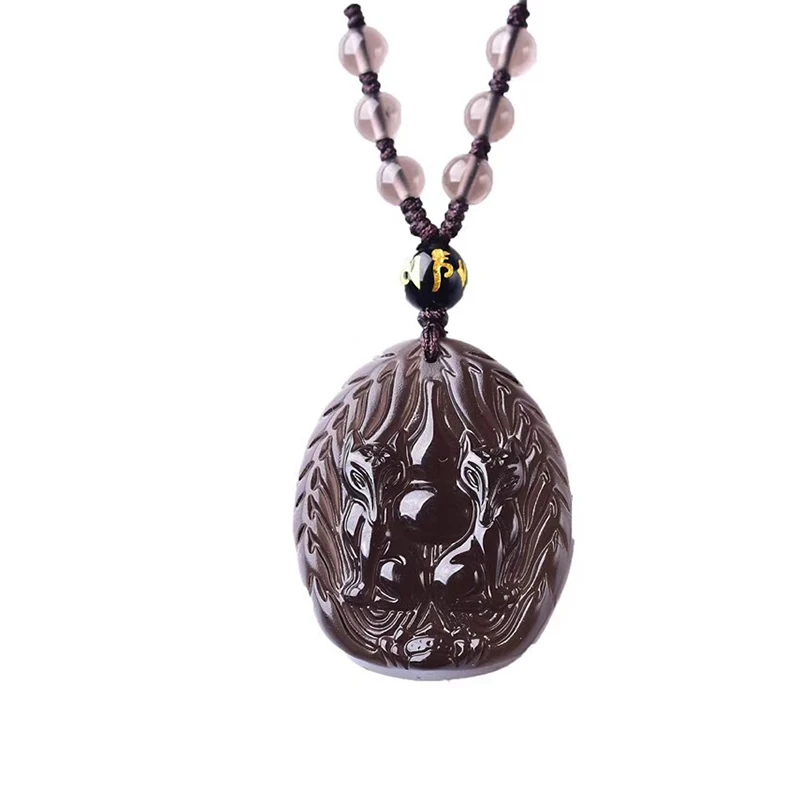 

Fine Ice Black Natural Obsidian Stone Pendants Carving double fox and gourd Pendants Sweater Chain Necklace Fashion Jewelry