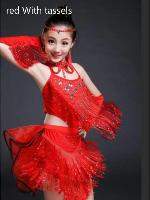 red With tassels Ребенок с кисточками, для латинских танцев юбка для танцев Элегантные Sexy латинский бальный танец платье Детская латинская платье для латиноамериканских танцев платье для танцев для сцены - Цвет: red With tassels