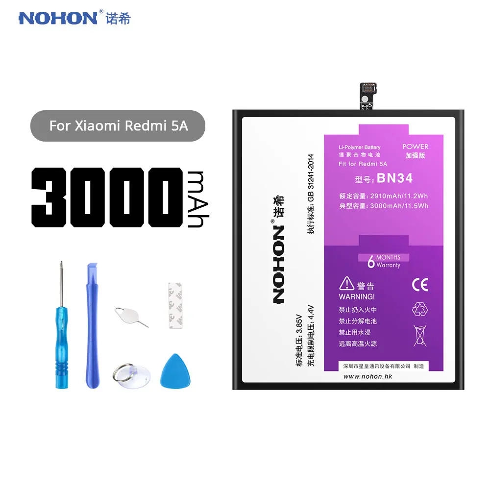 Nohon Аккумулятор для Xiaomi Redmi 5A BN34 реальная емкость 3000 mAh Мобильный телефон литий