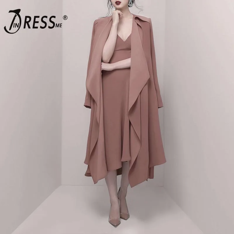 

INDRESSME 2019 New Women Solid Two Piece Sets Spaghetti Strap Sexy V-Neck Dress With Long Sleeve Coat Sets