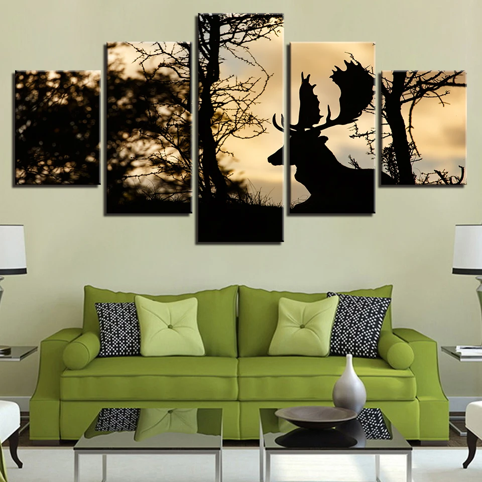 Canvas-Wall-Art-Prints-Pictures-Home-Decor-Living-Room-Framework-5-Piece-Forest-Animal-Deer-Painting