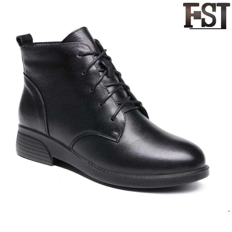 

FSJ Genuine Leather Ladies Woman Boots Zipper Bonded Leather Winter Low Heel Hoof Heels Short Plush Sewing Personality Casual
