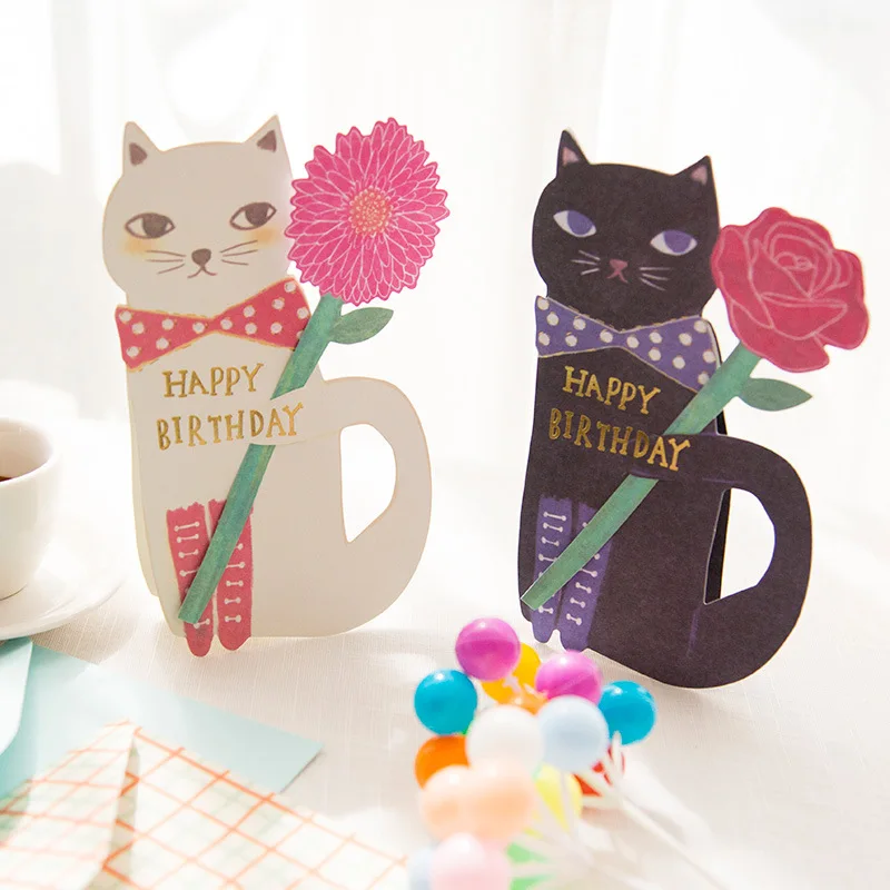 1pair Sveglio Del Gatto Attesa Rosa Buon Compleanno Biglietto Di Auguri Di Compleanno Carta Di Invito Festa Di Animale Animali Domestici Carta Regalo Biglietto Di Auguri Diy Postcard Happy Birthday Greeting Cardgreeting Cards