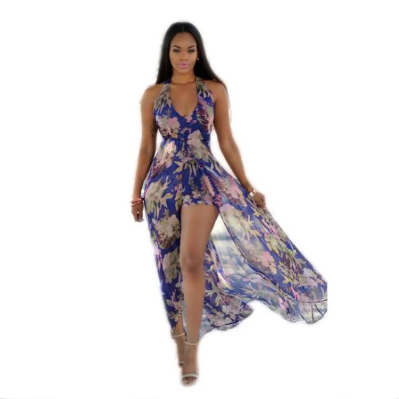 

Women Sleeveless African Floral Print Summer 2018 Sexy Casual Party Hawaii Beach High Slit Boho Chiffon Long Maxi Dress 400279