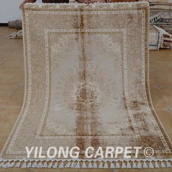 

Yilong 4.6'x6.6' Turkish silk carpet brown handmade exquisite persian silk rug (1792)
