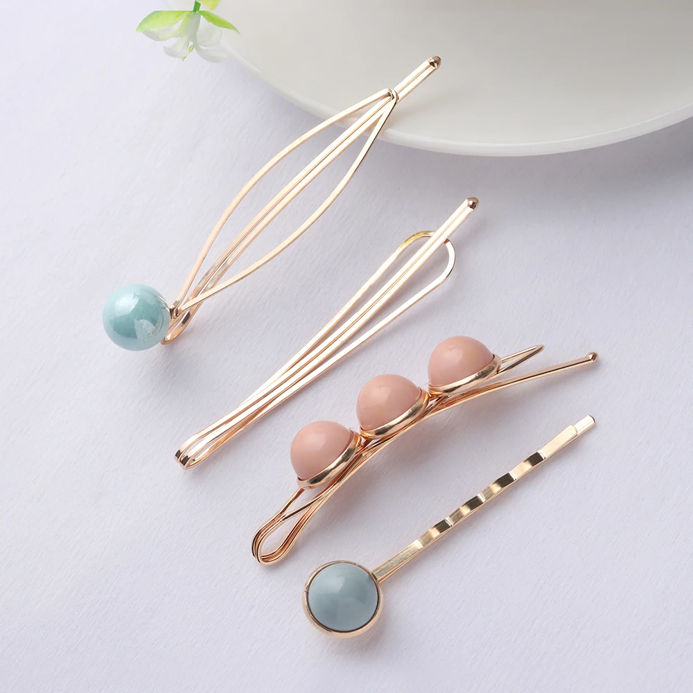 

1set Korea Fashion Women Metal Hairpins Imitation Pearl Colorful Beads Hair Clips Irregular Geometric Hair Styling Accessories