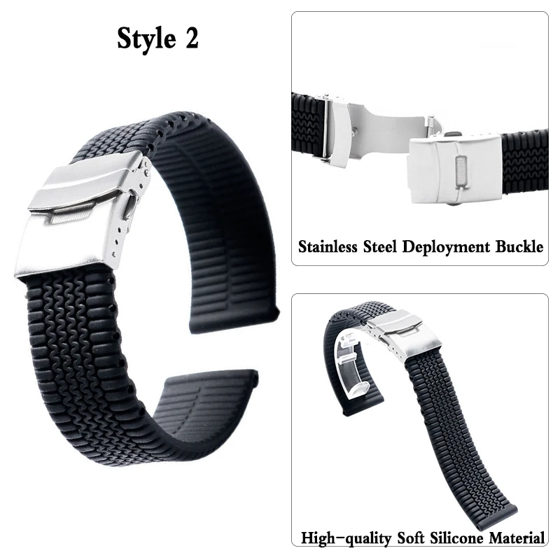 Shellhard 3Styles Sports Watch Band Waterproof Plastic Watch Band 20mm 22mm 24mm Black Watch Strap Deployment Buckle Bracelet