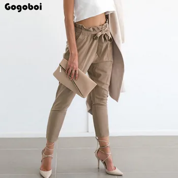 

2018 women OL chiffon high waist harem pants bow tie drawstring sweet elastic waist pockets casual trousers pantalones