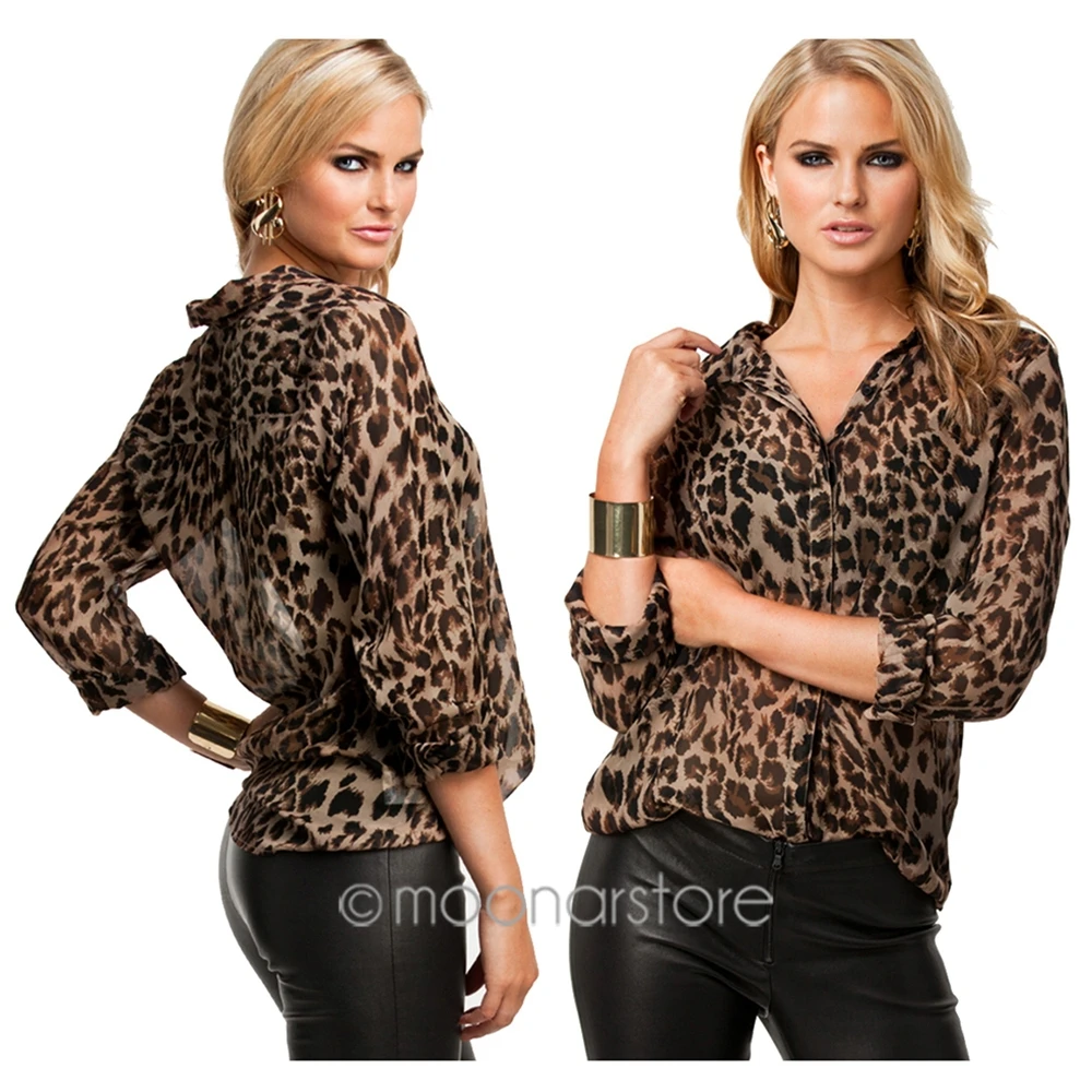 Новая модная женская леопардовая шифоновая блуза Женская Сексуальная рубашка с длинным рукавом Свободная леопардовая блузка с v-образным вырезом