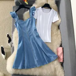 2019 летний элегантный Джинсовый комплект с платьем, женское тонкое Ковбойское платье с деревянными ушками, сексуальная + белая футболка с