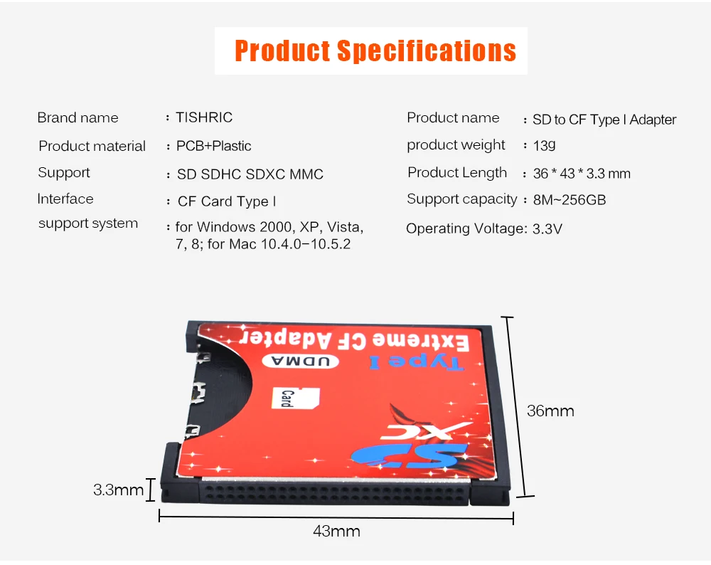 TISHRIC WiFi SD-CF карта адаптер MMC SDHC SDXC для стандартной компактной вспышки типа I карта конвертер UDMA кардридер для камеры