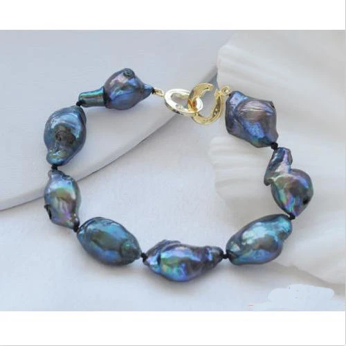 

Charming Luck Pearl Jewellery,Handmade 8inches Huge 19MM black baroque keshi reborn pearl bracelet