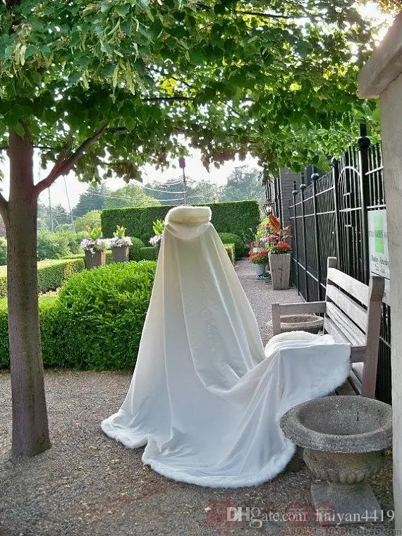 2.2 meters White Wedding Cloaks Hooded Bridal Cape with Train Faux Fur Winter Wedding Accessories Bridal Wraps Cape