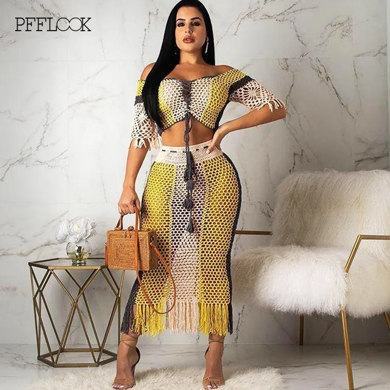 

PFFLOOK Sexy crochet cover ups beach dress Women bandage long sleeve tassel maxi dress Female hollow out summer dress 2019