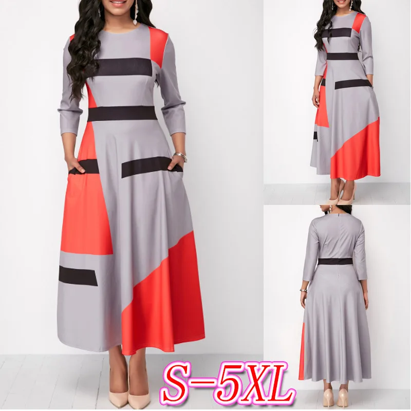

2019 new elegent fashion style summer women regular o-neck printing plus size dress S-5XL