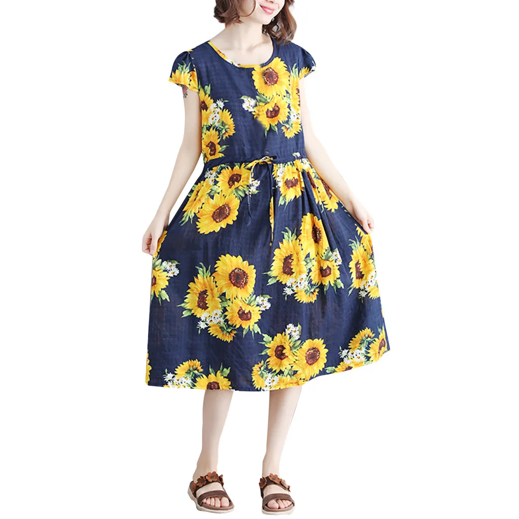 

2019 Summer Dress Women Loose Plus size Casual Dress Sunflower Print beach Sundress dresses vestidos